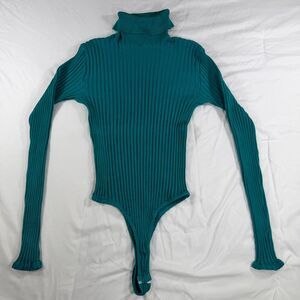Vtg Wayne Rogers Teal Ribbed Turtleneck Long-Sleeve Silk Bodysuit Stretchy